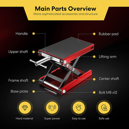 Motorcycle Lift Scissor Jack Steel Wide Deck Hoist Crank Center Stand 1100 LBS Capacity for Motorcycles, Atvs, Dirt Bikes Red