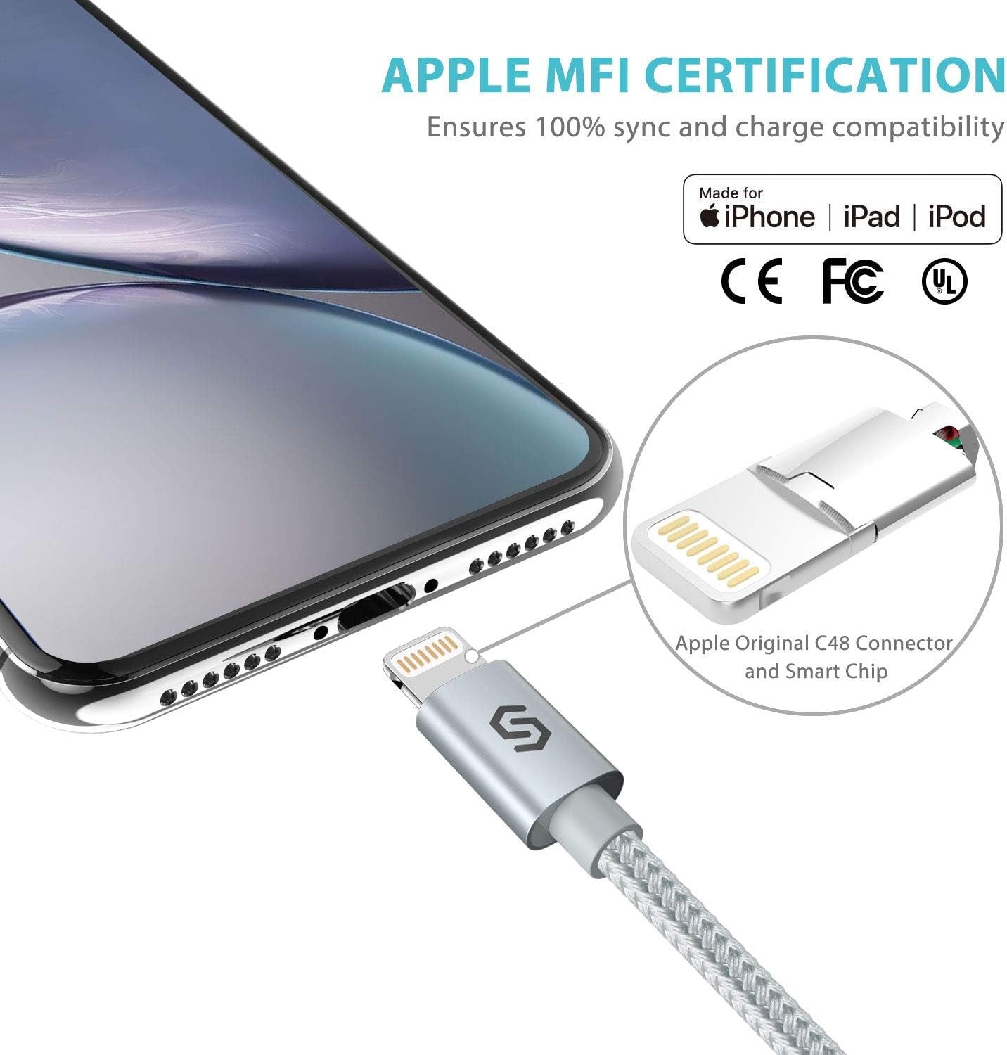 Iphone Charger Lightning Cable 6Ft [Apple MFI Certified] Nylon-Braided High-Speed Sync&Charging Cord for Iphone 11/Xs Max/Xs/Xr/X, 8 7 6S 6 Plus, SE 5S 5C 5, Ipad, Ipod & More - Silver