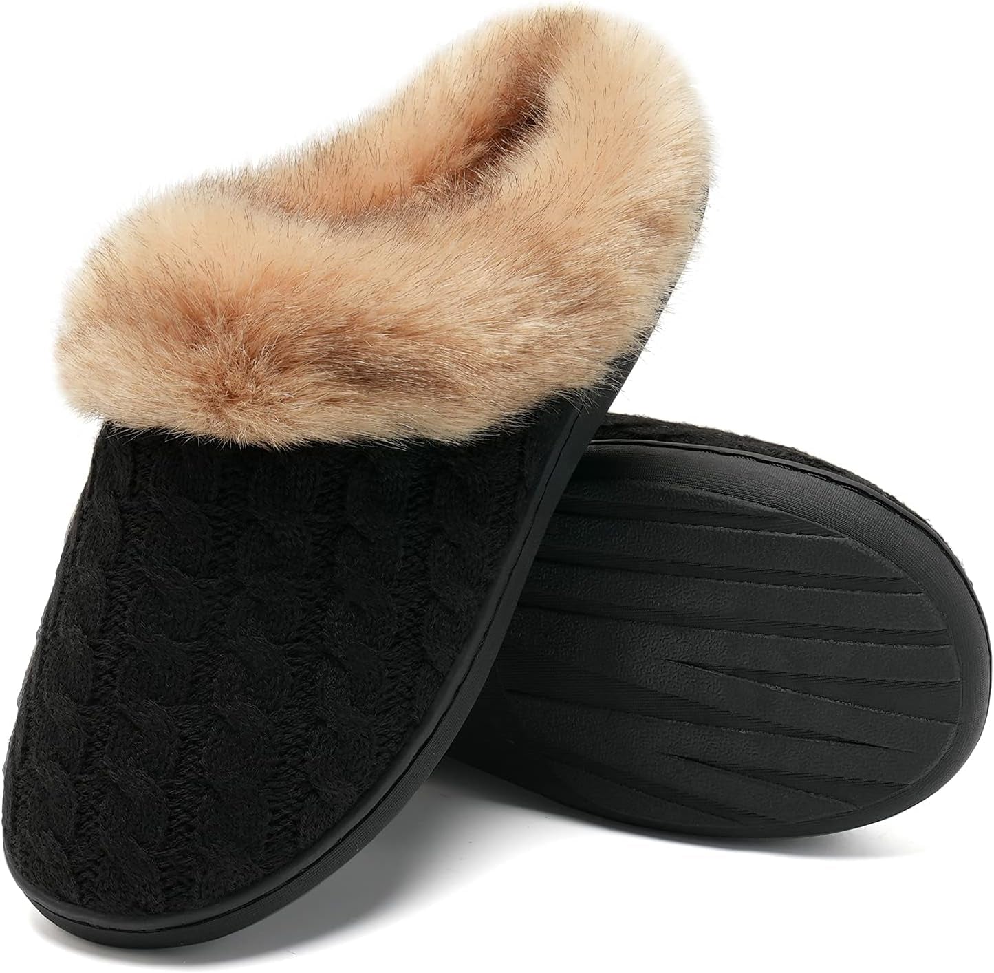 Women'S Memory Foam Slippers Knitted Fur Collar House Shoes Anti-Skid Sole for Indoor & Outdoor