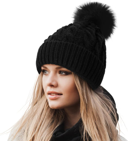 Women'S Winter Soft Knit Beanie Hat with Faux Fur Pom Pom Warm Skull Cap Beanies for Women