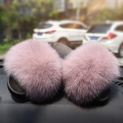 Real Fox Fur Slides for Women - Furry Slides Fluffy Fur Slippers Open Toe Flat Slides Fur Sandals Outdoor