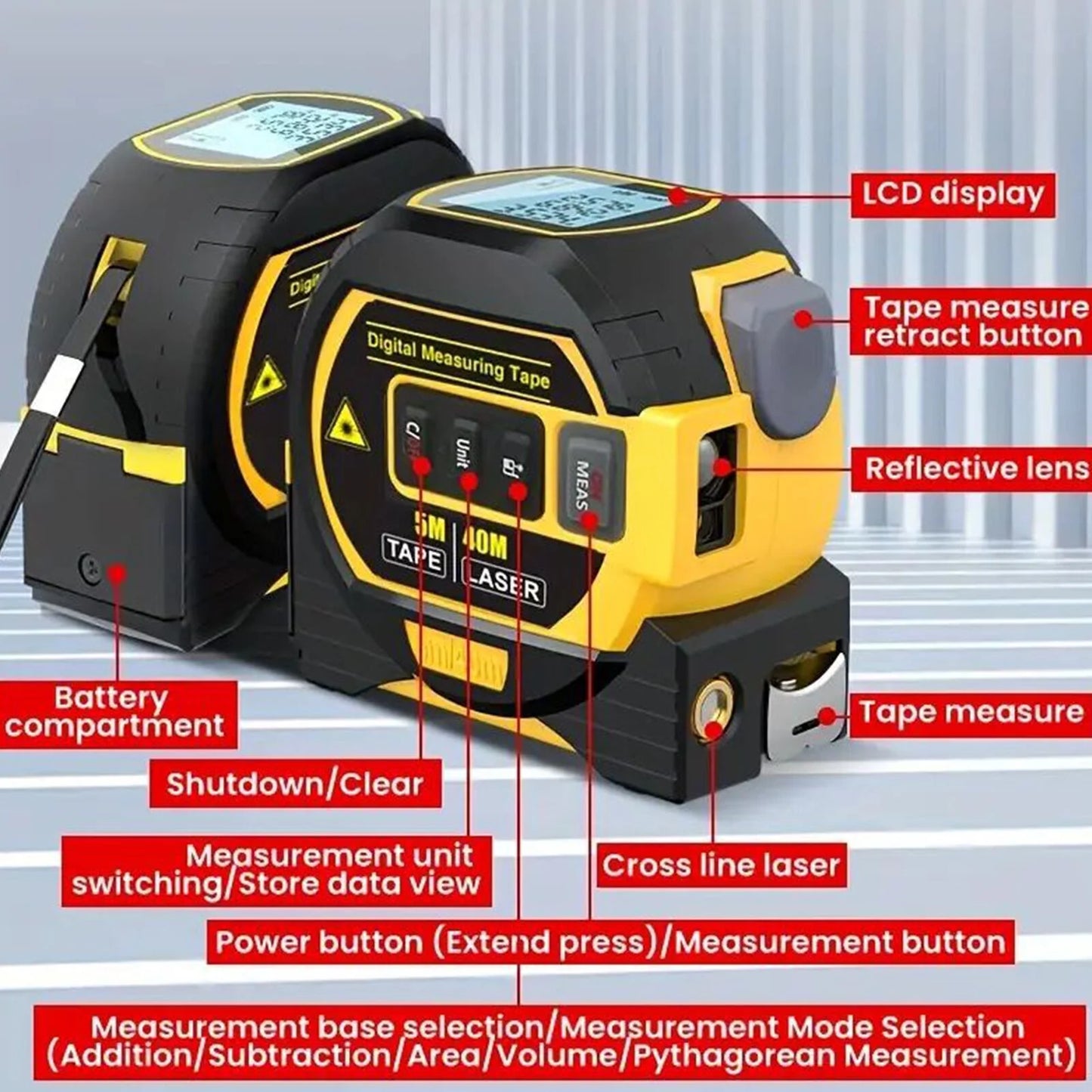 3 in 1 Digital Laser Tape Measure 130Ft/40M Laser Distance Meter Auto Lock Measuring Tape Range Finder