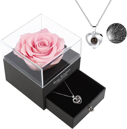 Christmas Preserved Roses Gifts for Her, Gifts for Grandma, Preserved Real Pink Rose Flower with Love Heart I Love You Necklace 100 Languages Gift Set, Wedding Birthday Romantic Gifts for Wife, Women, Mom