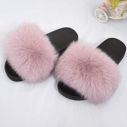 Real Fox Fur Slides for Women - Furry Slides Fluffy Fur Slippers Open Toe Flat Slides Fur Sandals Outdoor