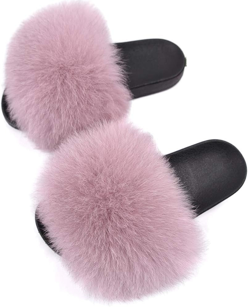 Real Fox Fur Slides for Women - Furry Slides Fluffy Fur Slippers Open Toe Flat Slides Fur Sandals Outdoor