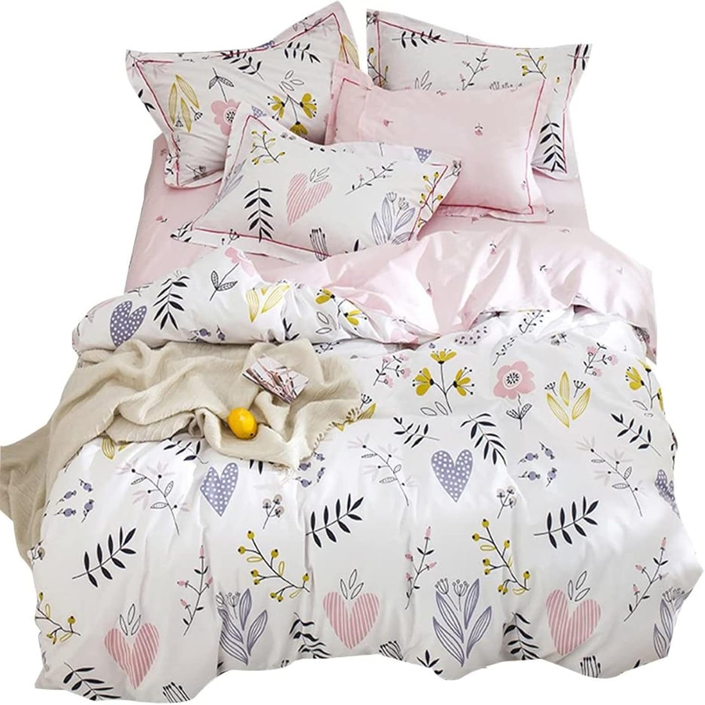 Twin Duvet Cover Set Cartoon Pink Floral Duvet Cover 100% Washed Cotton Aesthetic Bedding Sets Soft Colorful Comforter Cover Reversible Bedding for Women Kids Girls Teen