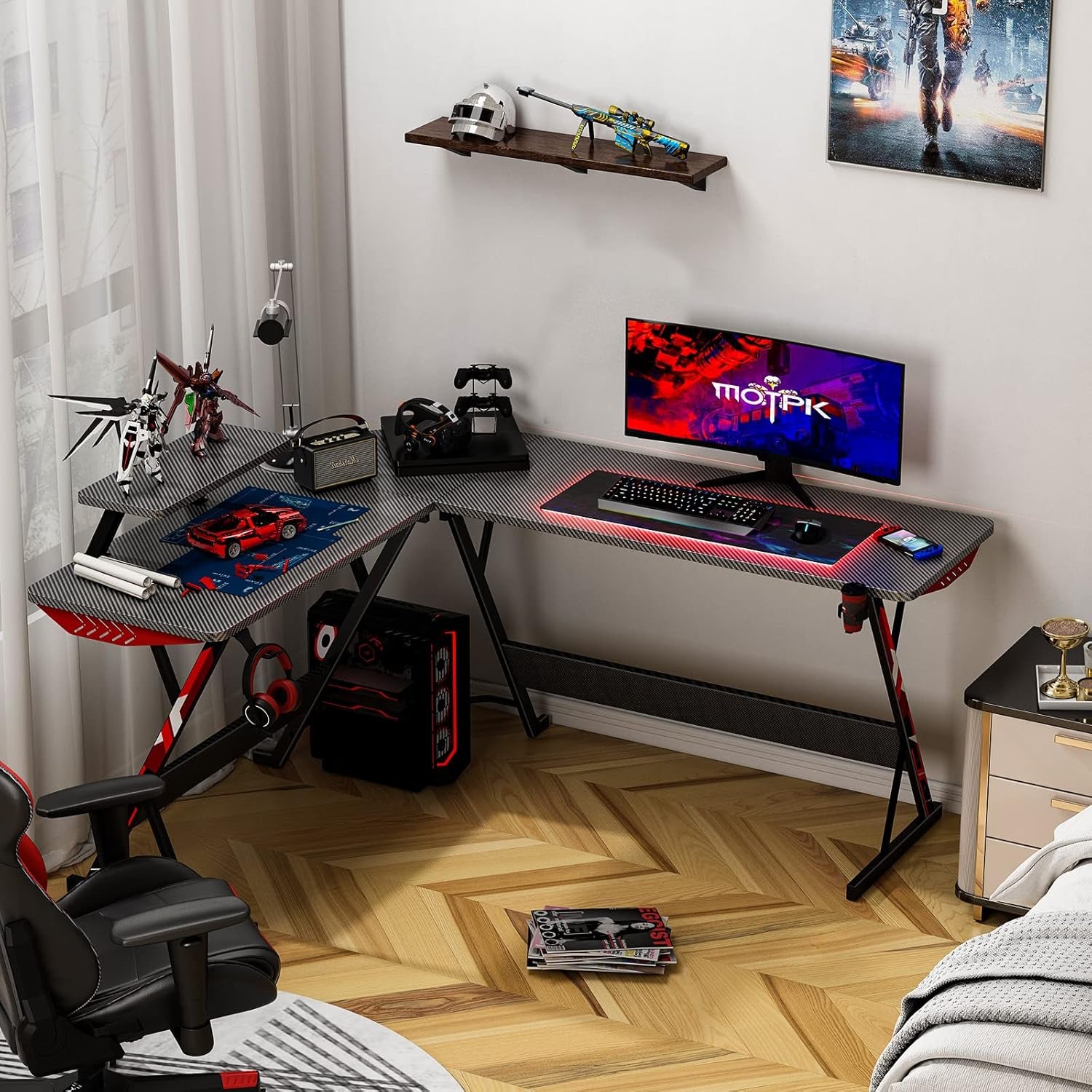 L Shaped Gaming Desk 58 Inch, Gaming Computer Desk L Shape with Carbon Fiber Surface, Gamer Desk Gaming Table with Monitor Shelf, Cup Holder & Headphone Hook, Black