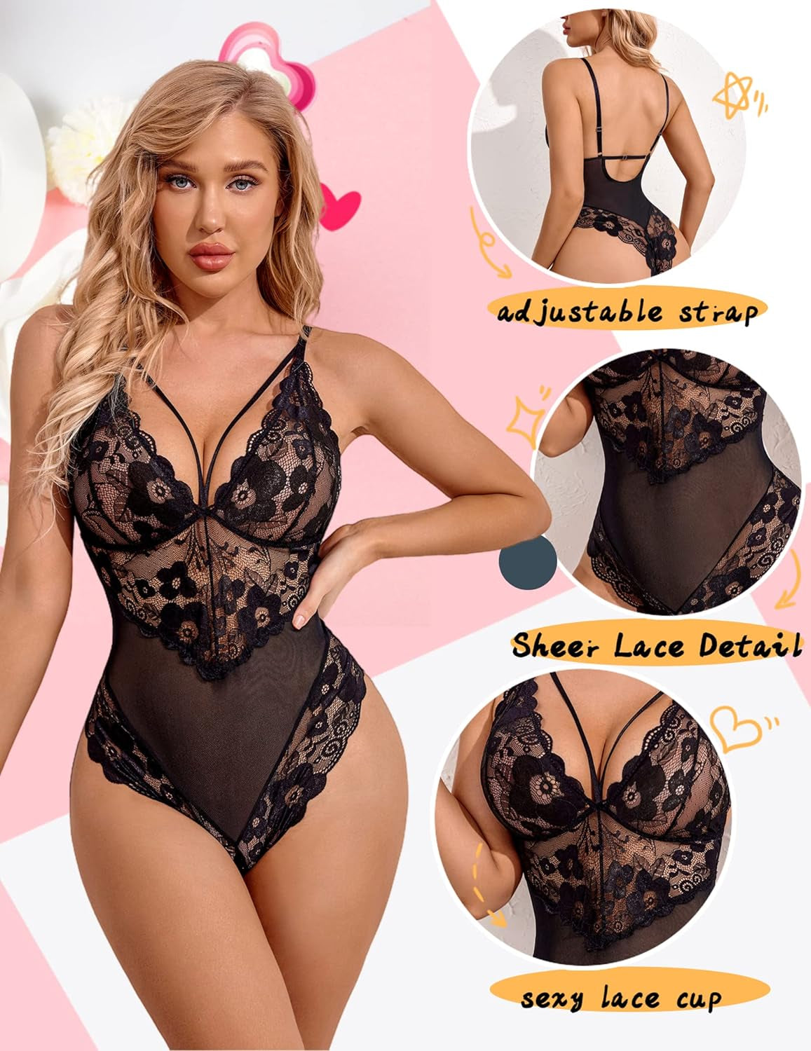 Womens Snap Crotch Lingerie Lace Teddy One Piece Babydoll Sexy Mini Bodysuit