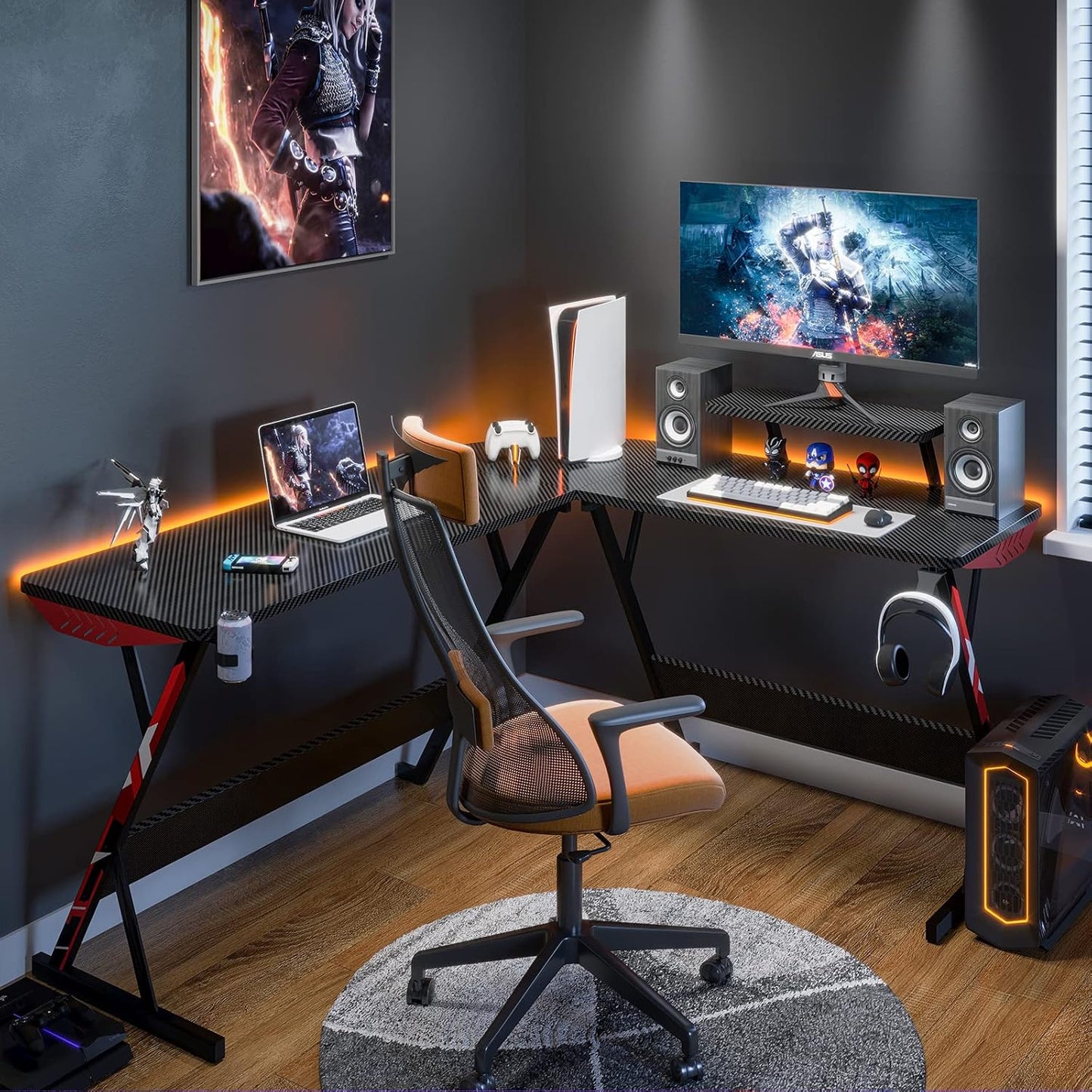 L Shaped Gaming Desk 58 Inch, Gaming Computer Desk L Shape with Carbon Fiber Surface, Gamer Desk Gaming Table with Monitor Shelf, Cup Holder & Headphone Hook, Black