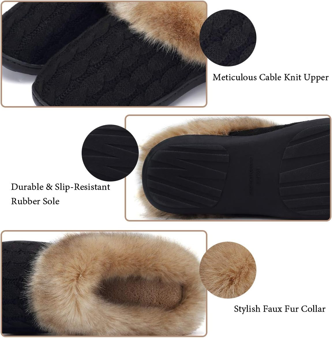 Women'S Memory Foam Slippers Knitted Fur Collar House Shoes Anti-Skid Sole for Indoor & Outdoor