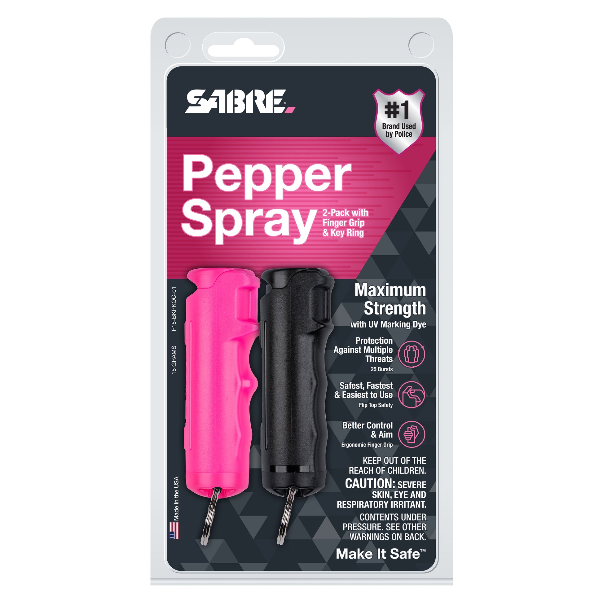 Pepper Spray with Finger Grip and Key Ring, Black and Pink, 2-Pack, New, Pocket Pepper Sprays