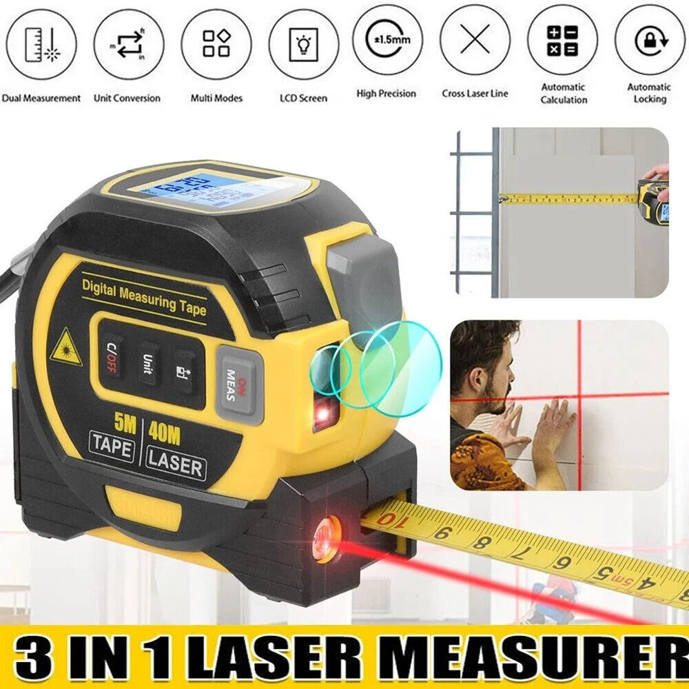 3 in 1 Digital Laser Tape Measure 130Ft/40M Laser Distance Meter Auto Lock Measuring Tape Range Finder