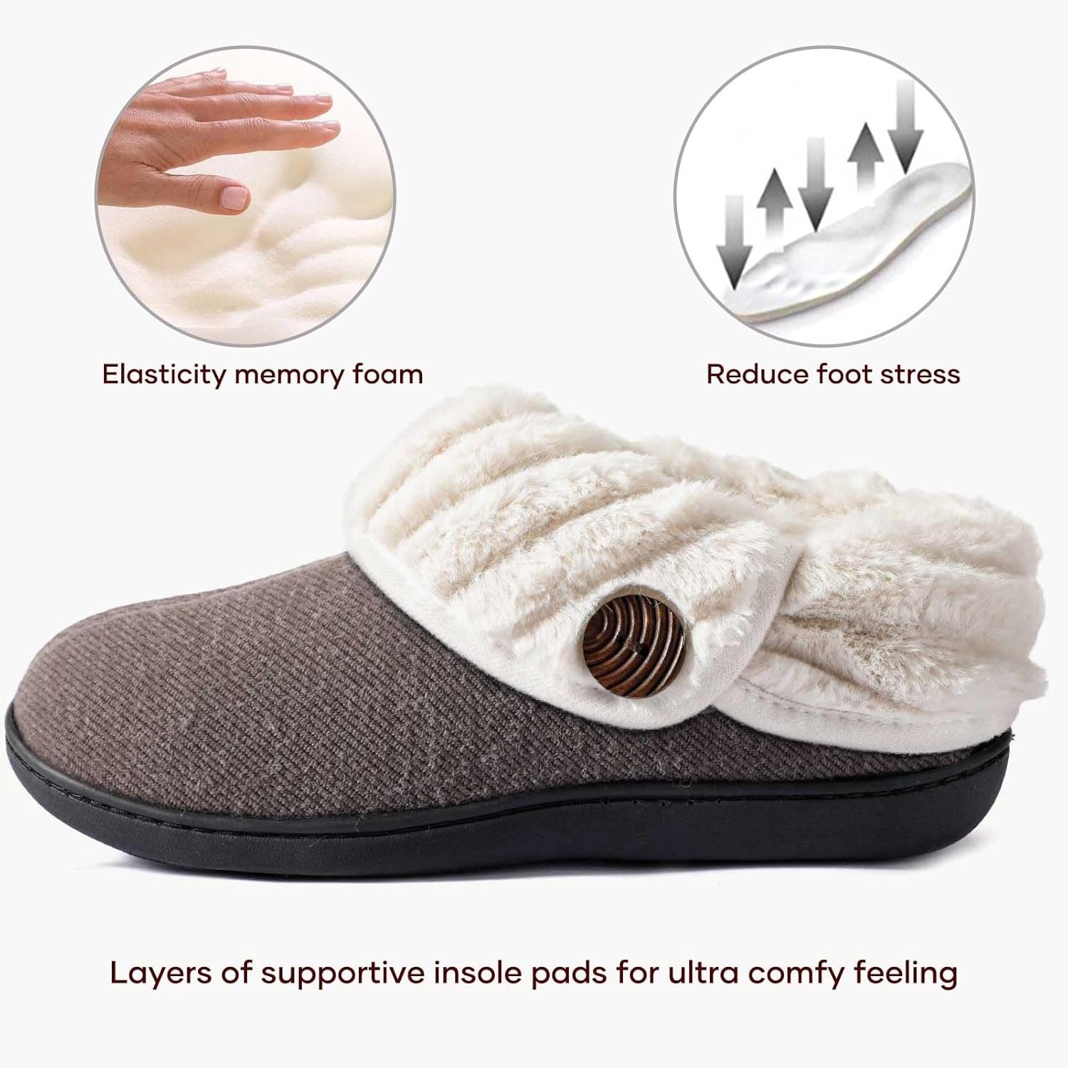 Women'S Wool Cozy Memory Foam Winter Slippers Indoor Outdoor with Fuzzy Faux Fur Collar