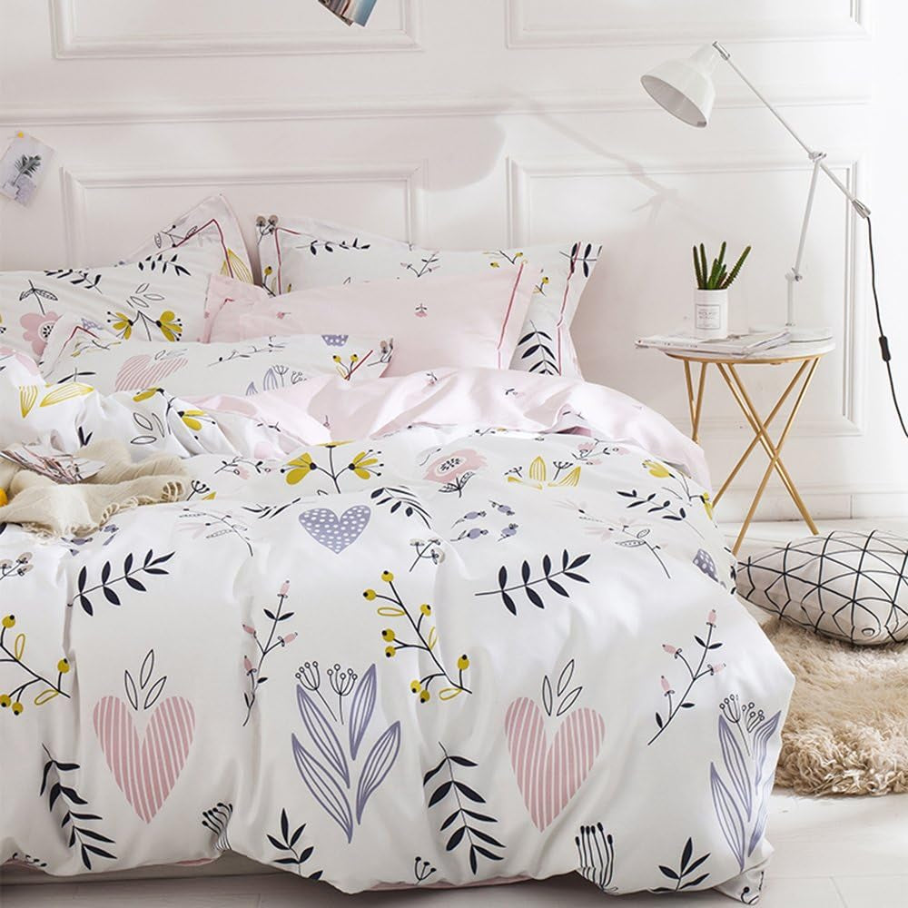 Twin Duvet Cover Set Cartoon Pink Floral Duvet Cover 100% Washed Cotton Aesthetic Bedding Sets Soft Colorful Comforter Cover Reversible Bedding for Women Kids Girls Teen