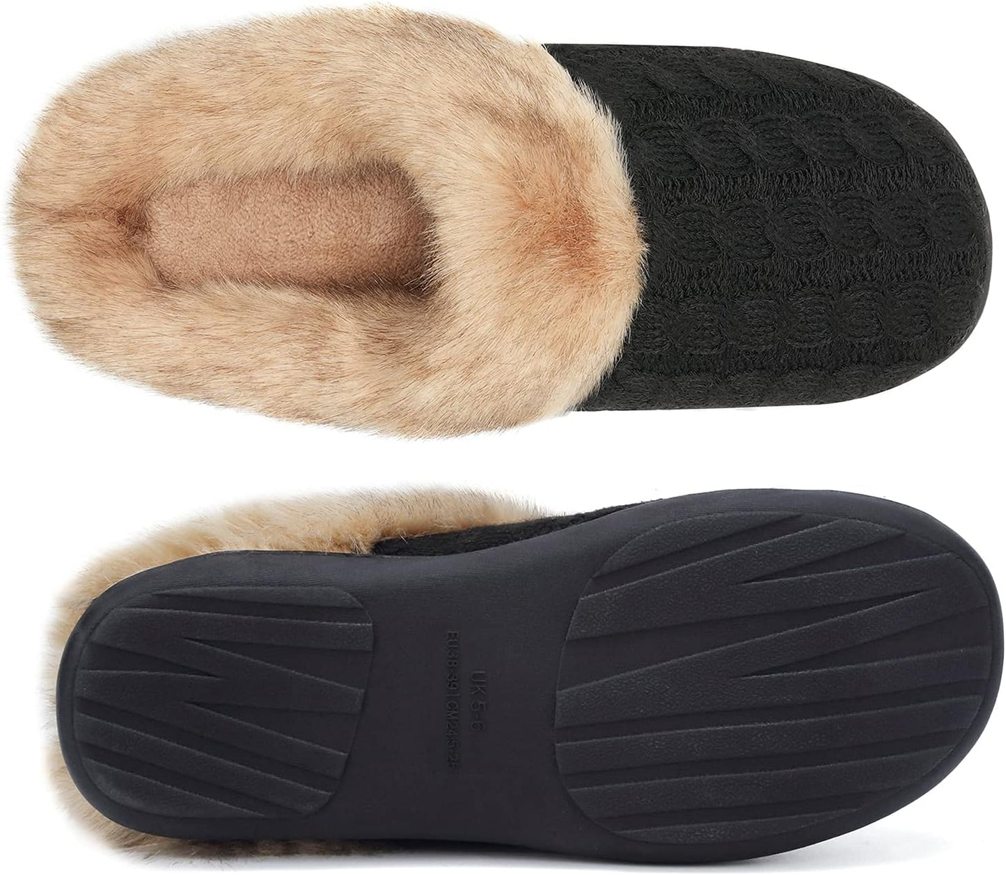 Women'S Memory Foam Slippers Knitted Fur Collar House Shoes Anti-Skid Sole for Indoor & Outdoor