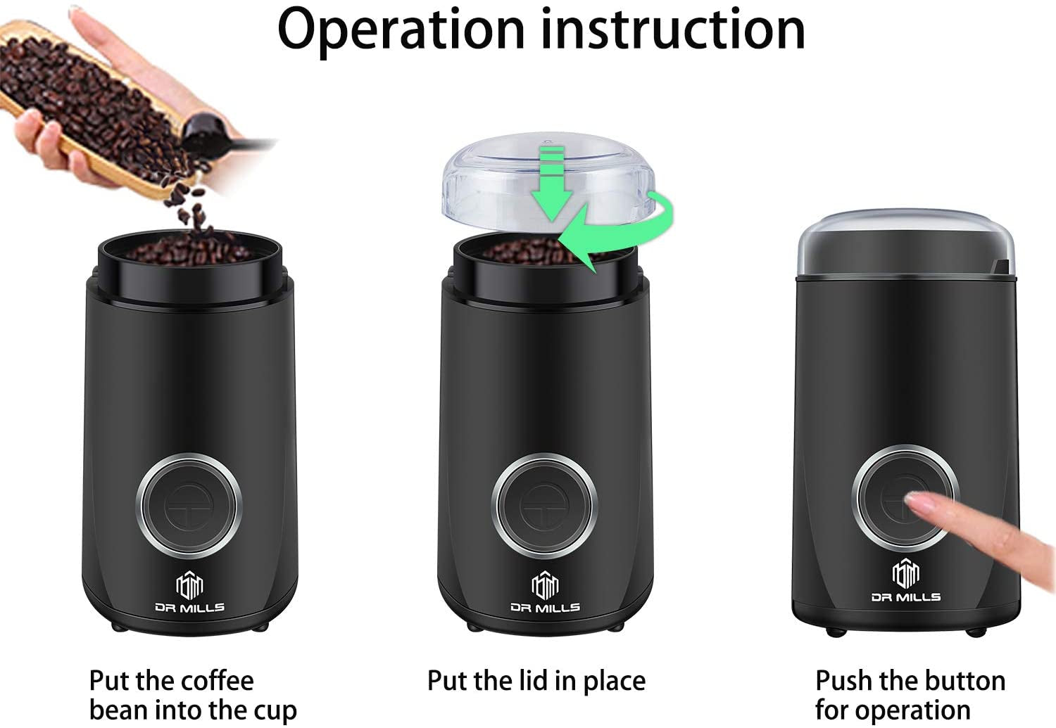 DM-7441 Coffee Grinder Electric, Coffee Bean and Dried Spice Grinder, One Touch Operation, Blade and Cup Made with SUS304 Stainless Steel (Black)