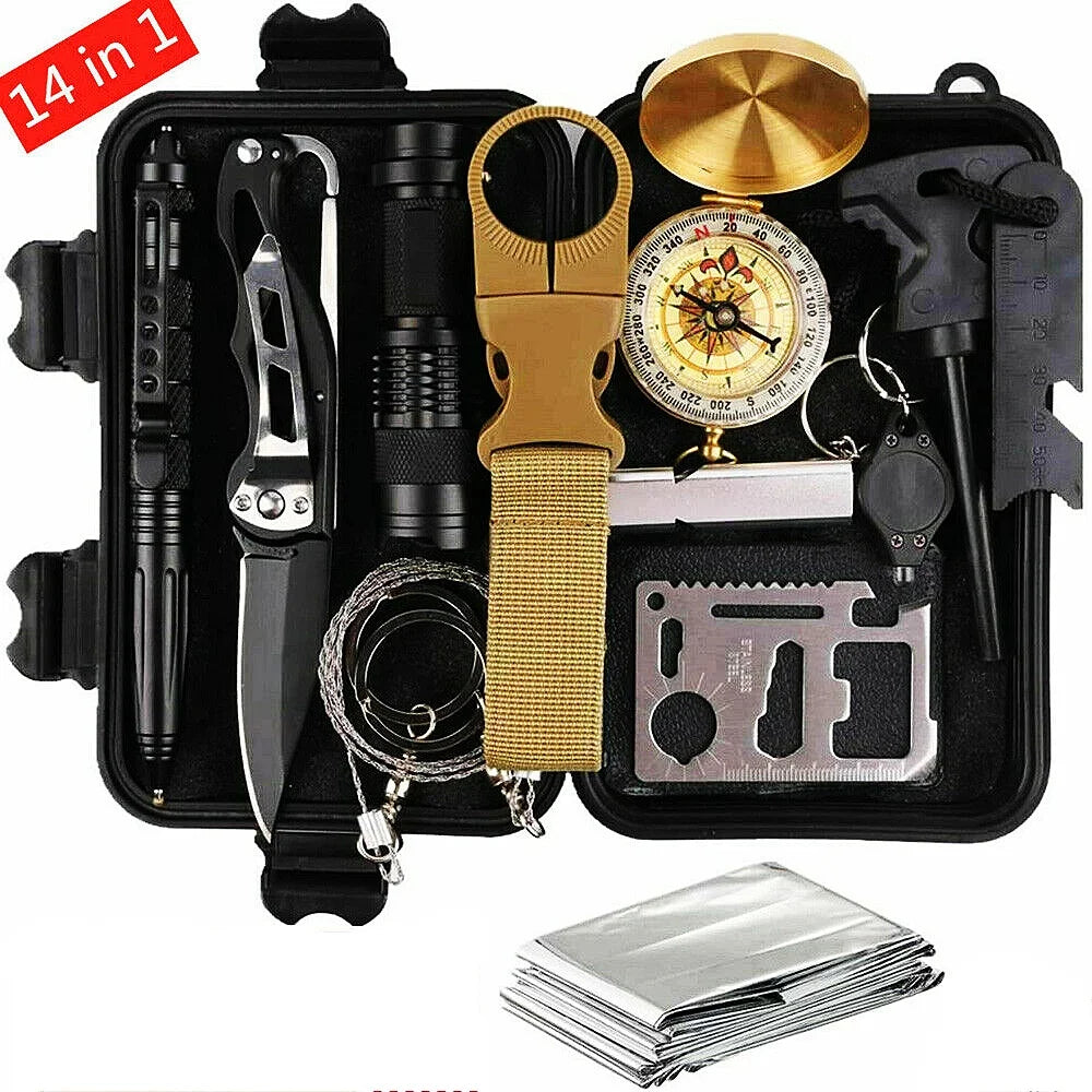 Survival Kit, 14 in 1 Emergency Survival Gear Kit, Emergency Kit for Outdoor Adventure, Hiking, Gifts for Men Women