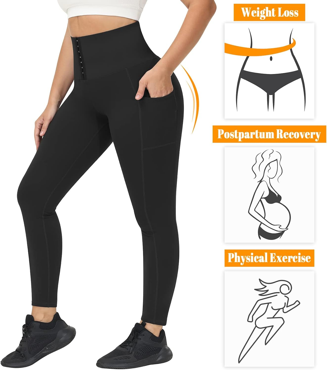 High Waist Corsets Compression Leggings for Women Tummy Control,Pockets Yoga Pants with Waist Trainer Attached Black