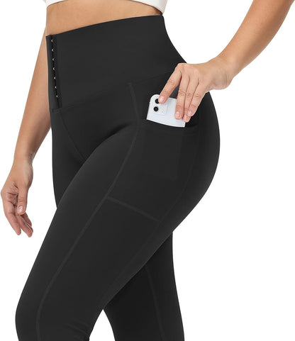 High Waist Corsets Compression Leggings for Women Tummy Control,Pockets Yoga Pants with Waist Trainer Attached Black