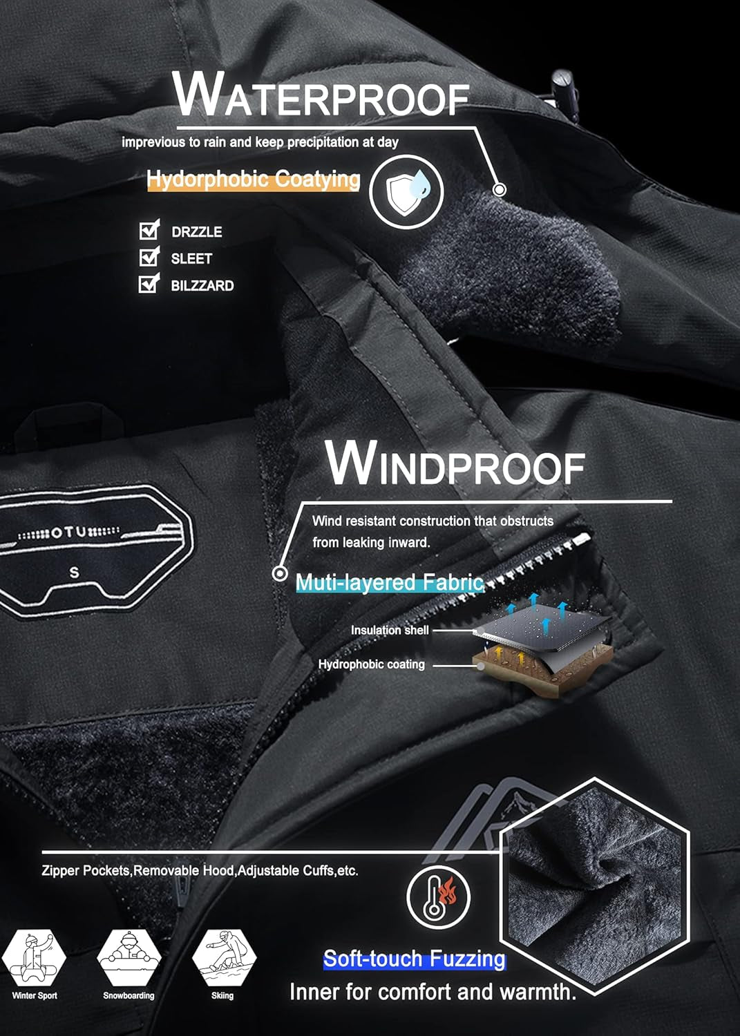 Men'S Waterproof Ski Jacket Snowboarding Windbreaker Warm Winter Hooded Mountain Snow Coat