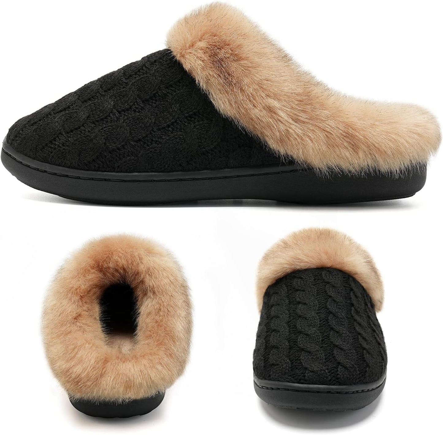 Women'S Memory Foam Slippers Knitted Fur Collar House Shoes Anti-Skid Sole for Indoor & Outdoor