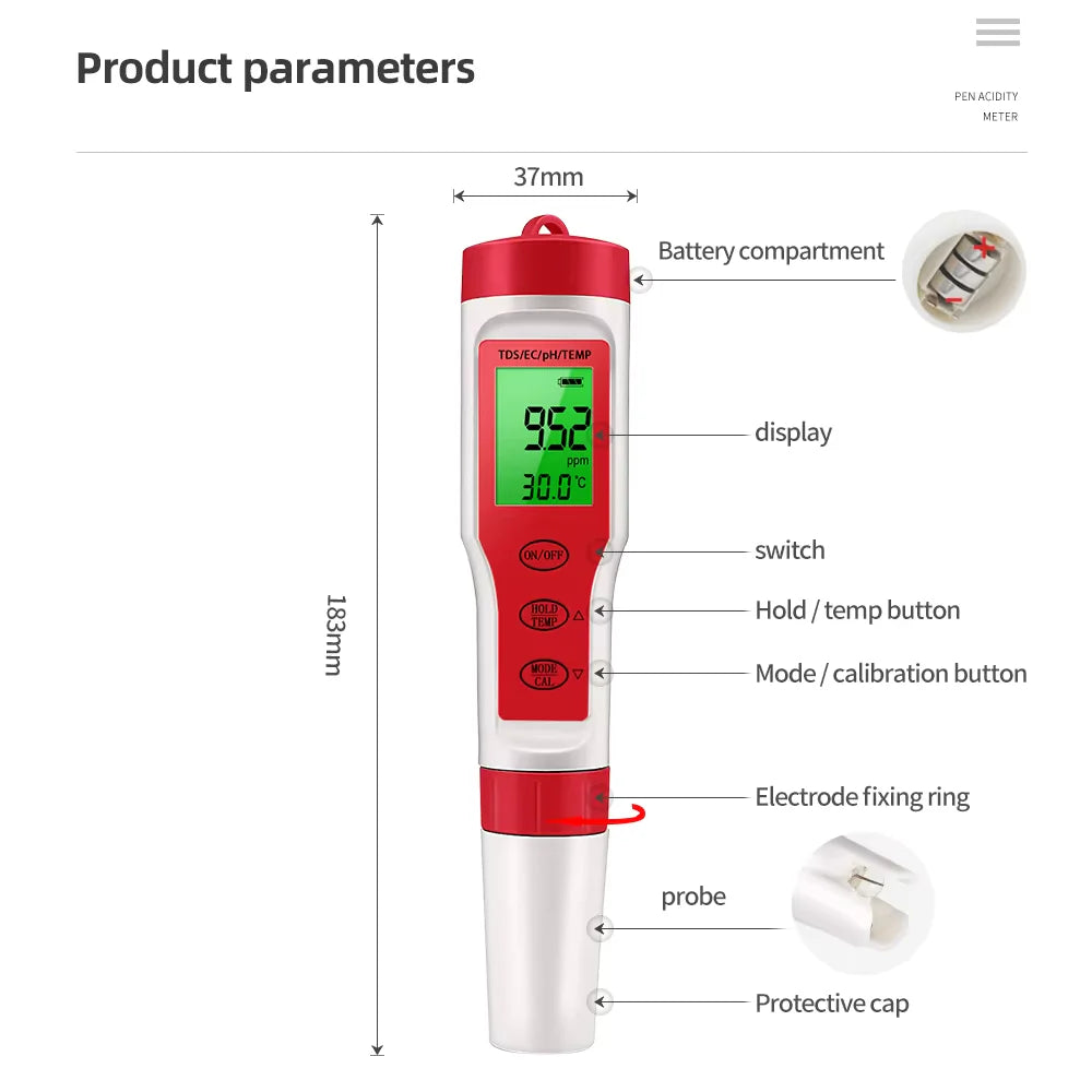 4 in 1 Digital PH EC Meter LCD Tester Pocket Hydroponics Aquarium Water Test Pen