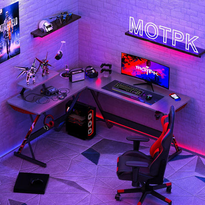 L Shaped Gaming Desk 58 Inch, Gaming Computer Desk L Shape with Carbon Fiber Surface, Gamer Desk Gaming Table with Monitor Shelf, Cup Holder & Headphone Hook, Black