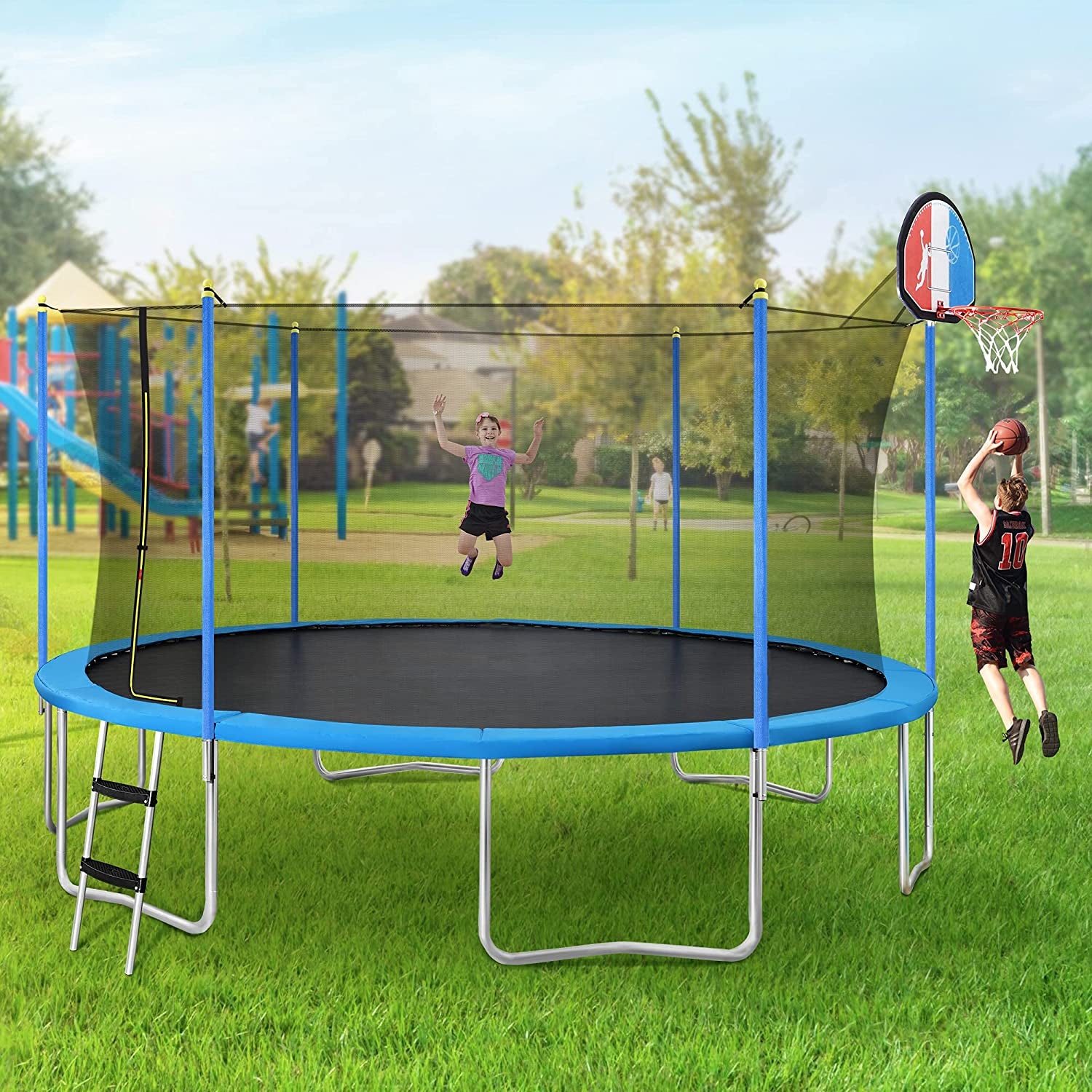 15 FT Trampoline with Safety Enclosure Net, Basketball Hoop and Ladder - 800LB ASTM Approved Kids Basketball Trampoline (Tricolor Backboard)