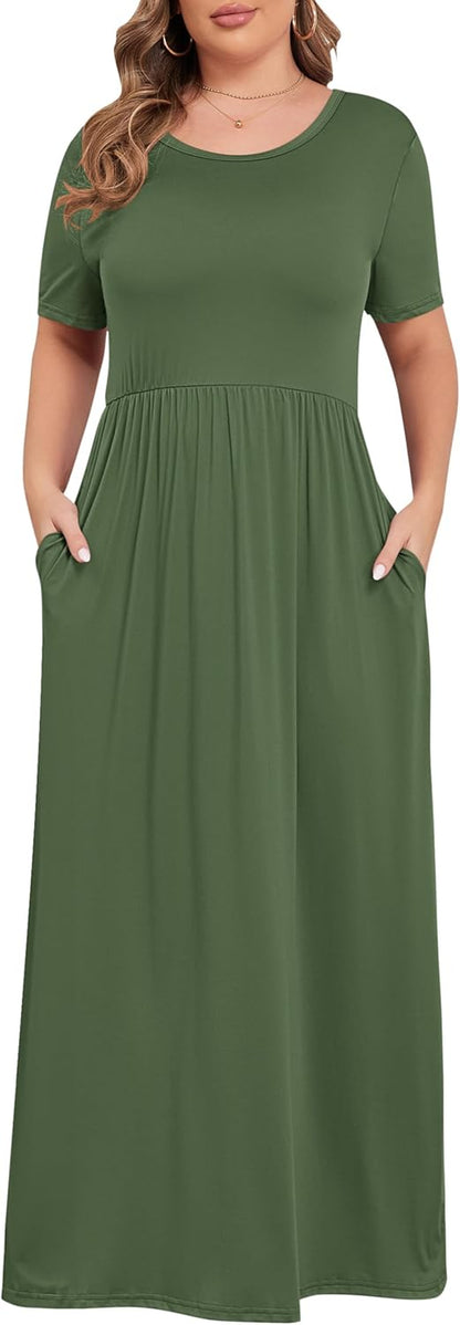 Women’S plus Size Maxi Dresses for Curvy Women Summer Casual Short Sleeve Long Dress with Pockets