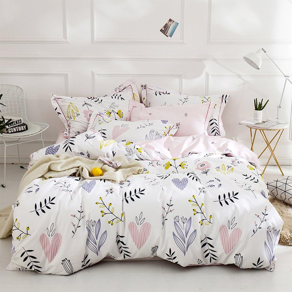 Twin Duvet Cover Set Cartoon Pink Floral Duvet Cover 100% Washed Cotton Aesthetic Bedding Sets Soft Colorful Comforter Cover Reversible Bedding for Women Kids Girls Teen