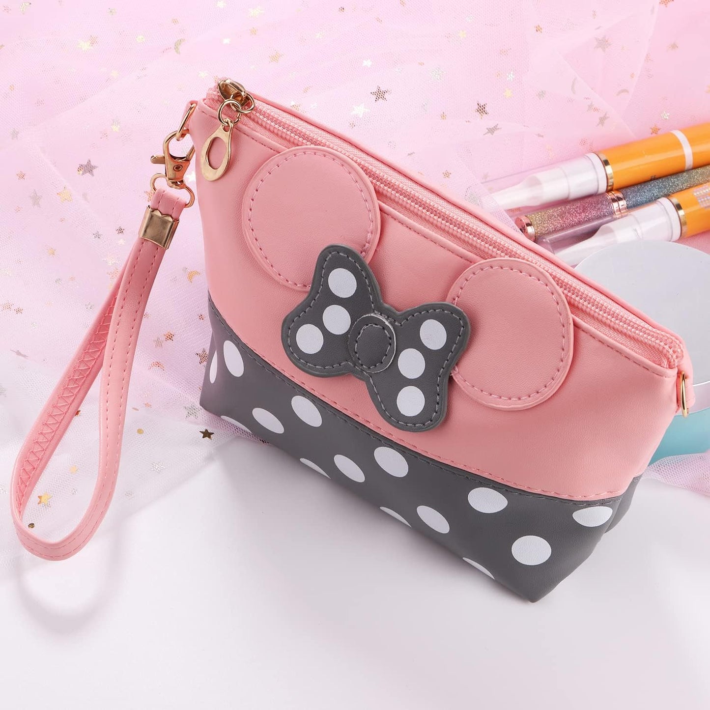 2 Pack Cartoon Leather Travel Makeup Handbag, Cute Portable Cosmetic Bag Toiletry Pouch for Women Teen Girls Kids（Pink&Black）