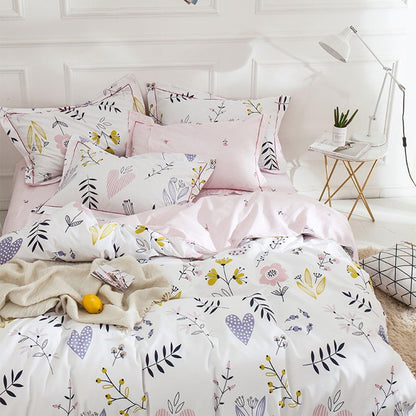 Twin Duvet Cover Set Cartoon Pink Floral Duvet Cover 100% Washed Cotton Aesthetic Bedding Sets Soft Colorful Comforter Cover Reversible Bedding for Women Kids Girls Teen