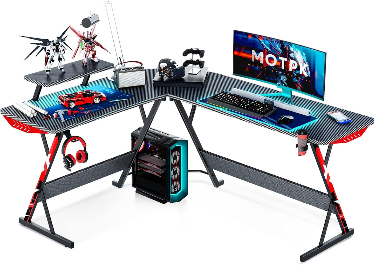 L Shaped Gaming Desk 58 Inch, Gaming Computer Desk L Shape with Carbon Fiber Surface, Gamer Desk Gaming Table with Monitor Shelf, Cup Holder & Headphone Hook, Black