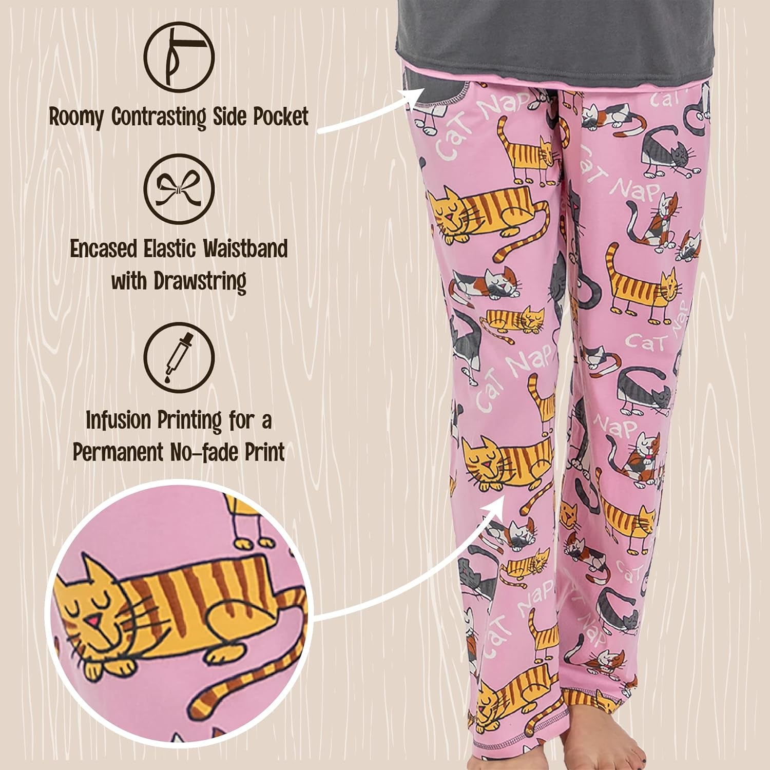 Pajamas for Women, Cute Pajama Pants and Top Separates, Cat, Nap, Animal