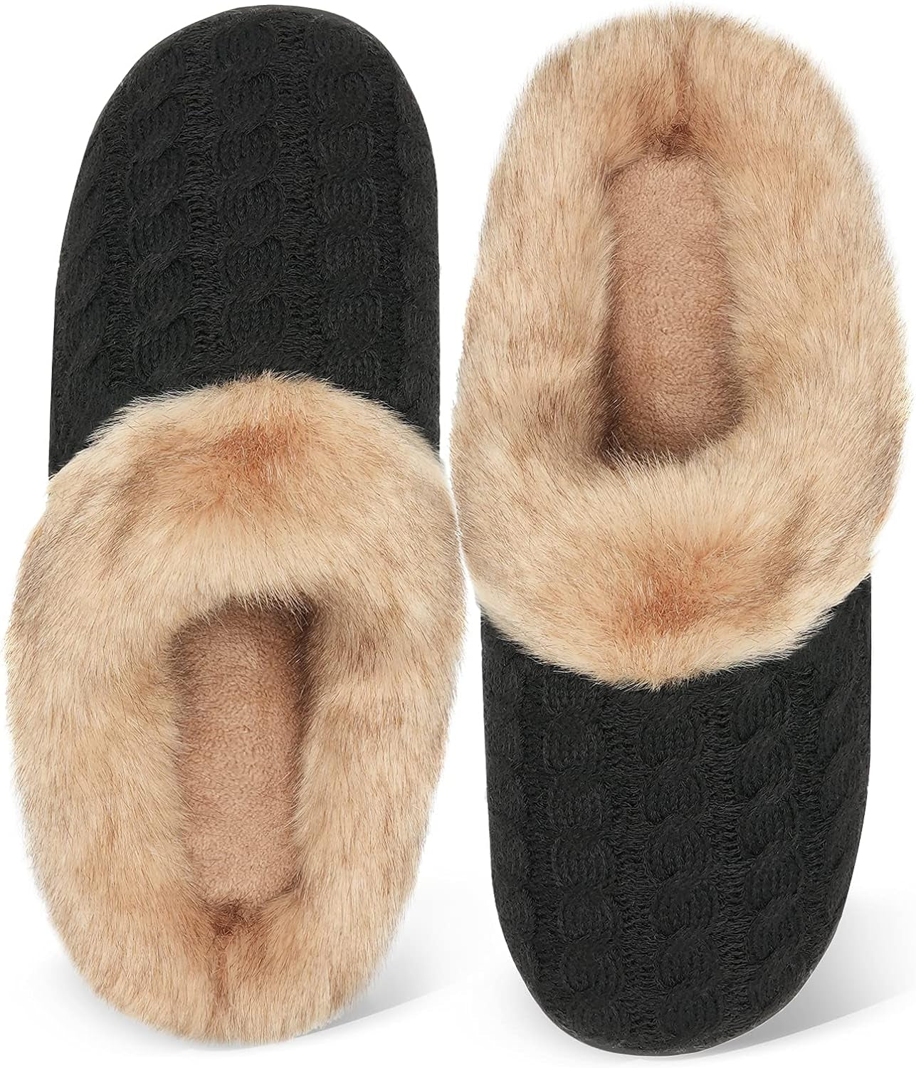 Women'S Memory Foam Slippers Knitted Fur Collar House Shoes Anti-Skid Sole for Indoor & Outdoor