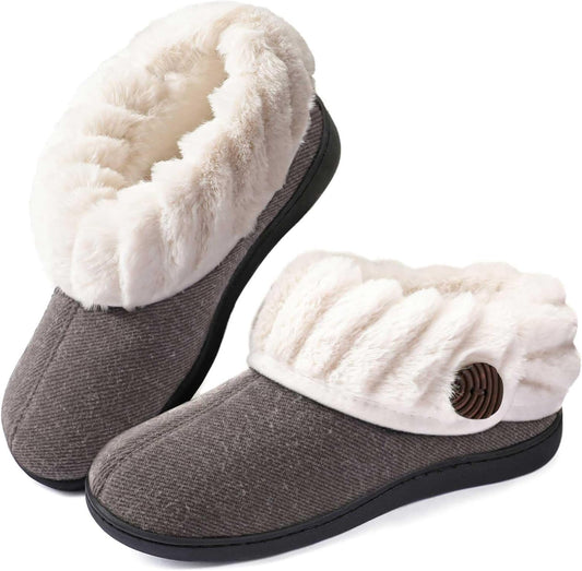 Women'S Wool Cozy Memory Foam Winter Slippers Indoor Outdoor with Fuzzy Faux Fur Collar