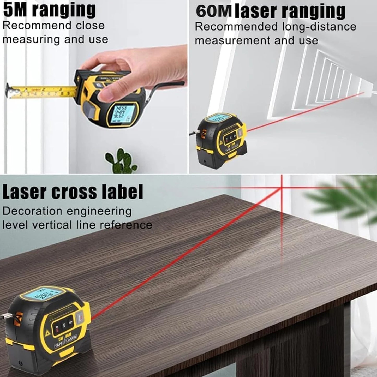 3 in 1 Digital Laser Tape Measure 130Ft/40M Laser Distance Meter Auto Lock Measuring Tape Range Finder