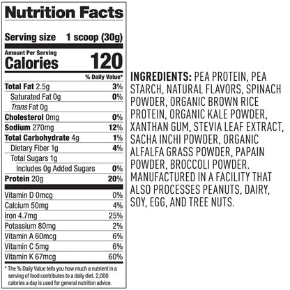 Protein & Greens, Vanilla, 18 Servings, 20G Protein, Plant Based n Protein Powder