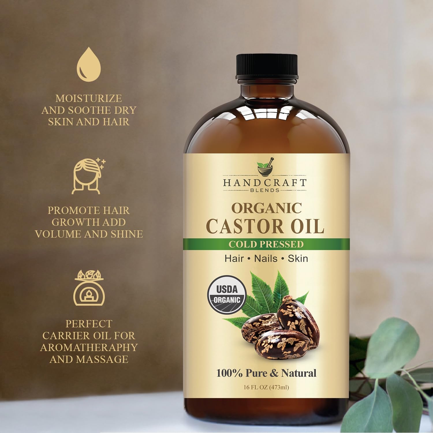 Cold-Pressed Organic Castor Oil in Glass Bottle - 16 Fl Oz - 100% Pure and Natural - Premium Grade Carrier Oil for Hair Growth, Eyelashes and Eyebrows - Hair and Body