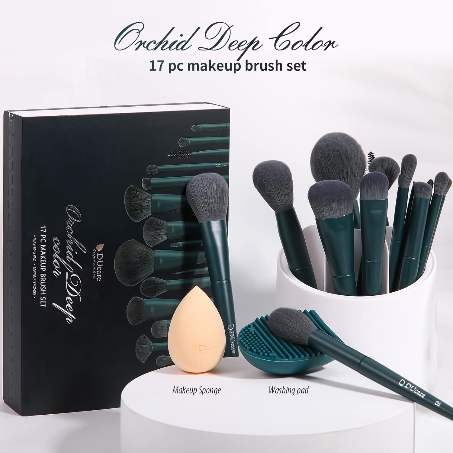 Makeup Brushes Set 17 Pcs with Brush Cleaning Mat and Makeup Sponge Professional Face Powder Eye Shadow Powder Liquid Cream Kit Gift Box