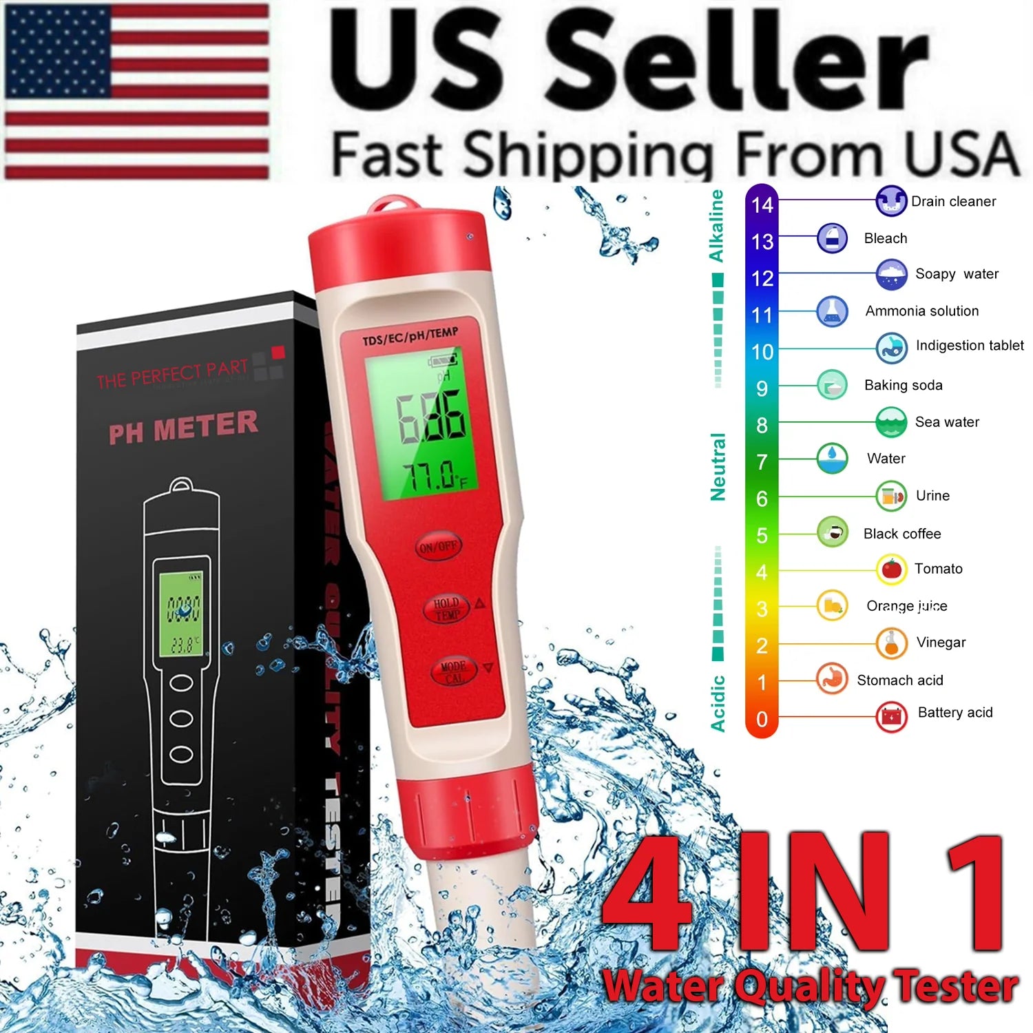 4 in 1 Digital PH EC Meter LCD Tester Pocket Hydroponics Aquarium Water Test Pen